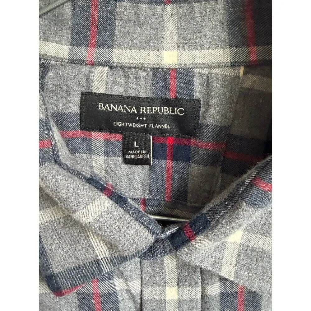 Banana Republic Plaid Long Sleeve Lightweight Flannel Button-Up Shirt Gray Large